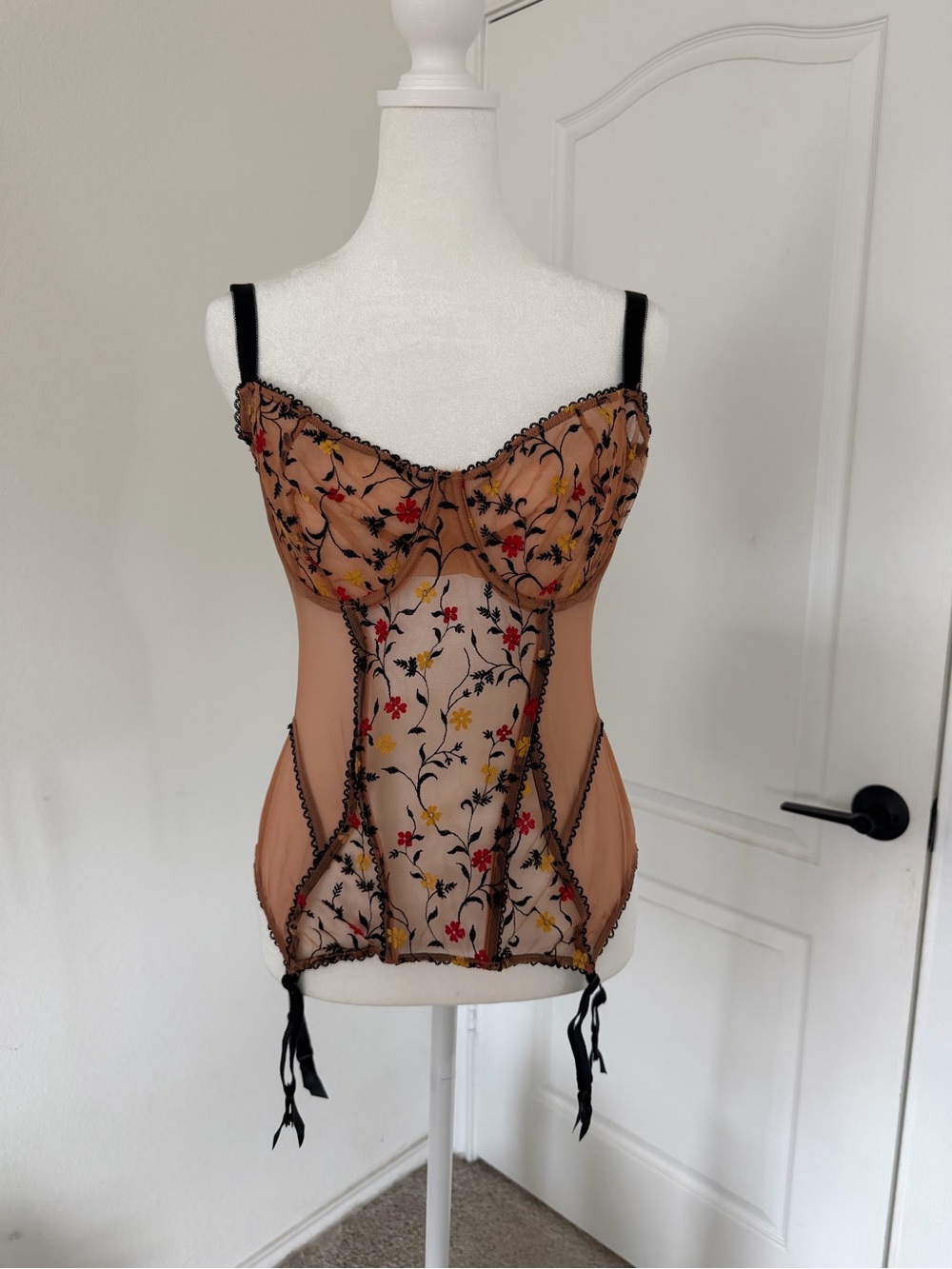 Adore Me Tan Floral Embroidered Sheer Bustier with Black Trim